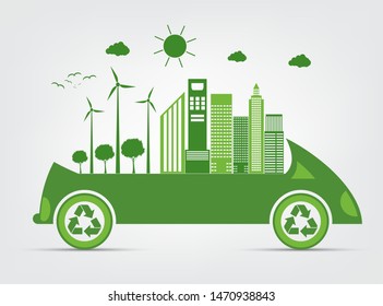Ecology and Environmental Cityscape Concept,Car Symbol With Green Leaves Around Cities Help The World With Eco-Friendly Ideas