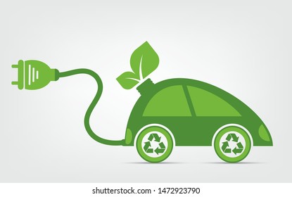 Ecology and Environmental Cityscape Concept,Car Symbol With Green Leaves Around Cities Help The World With Eco-Friendly Ideas