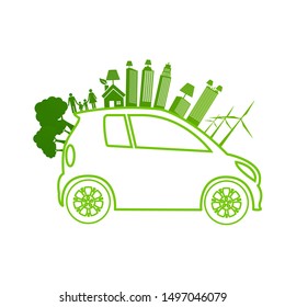 Ecology and Environmental Cityscape Concept,Car Symbol With Green Leaves Around Cities Help The World With Eco-Friendly Ideas