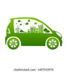 Ecology and Environmental Cityscape Concept,Car Symbol With Green Leaves Around Cities Help The World With Eco-Friendly Ideas