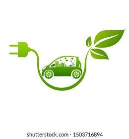 Ecology and Environmental Cityscape Concept,Car Symbol With Green Leaves Around Cities Help The World With Eco-Friendly Ideas