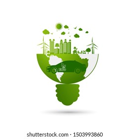 Ecology and Environmental Cityscape Concept,Car Symbol With Green Leaves Around Cities Help The World With Eco-Friendly Ideas