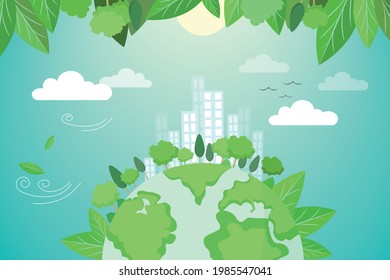 Antecedentes de ecología y concepto ambiental. Tierra con hojas verdes, árboles y edificios urbanos a su alrededor. Vayan de verde y salven el planeta, salven la tierra. Ayude Al Mundo Con Ideas Ecológicas.