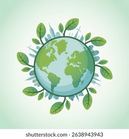 Ecology and Environmental Concept, Earth Symbol With Green Leaves Around Cities Help The World With Eco-Friendly Ideas. Vector illustration isolated on white background.