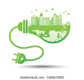Ecology environmental concept. Light bulb earth symbol with green city.  Environmentally friendly world. Isolated on white background. Vector illustration in flat design.
