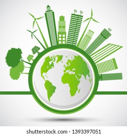 Ecology and Environmental Concept,Earth Symbol With Green Leaves Around Cities Help The World With Eco-Friendly Ideas,Vector illustration