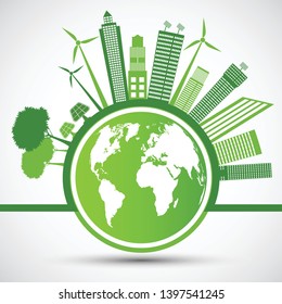 Ecology and Environmental Concept,Earth Symbol With Green Leaves Around Cities Help The World With Eco-Friendly Ideas