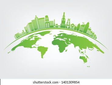 Ecology and Environmental Concept,Earth Symbol With Green Leaves Around Cities Help The World With Eco-Friendly Ideas