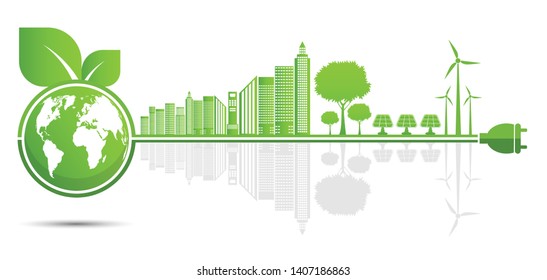 Ecology and Environmental Concept,Earth Symbol With Green Leaves Around Cities Help The World With Eco-Friendly Ideas