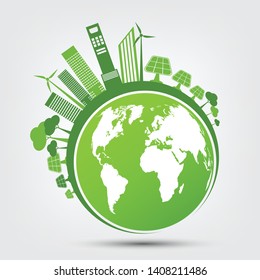 Ecology and Environmental Concept,Earth Symbol With Green Leaves Around Cities Help The World With Eco-Friendly Ideas