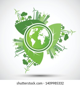 Ecology and Environmental Concept,Earth Symbol With Green Leaves Around Cities Help The World With Eco-Friendly Ideas,Vector Illustration