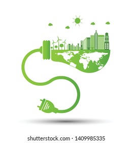 Ecology and Environmental Concept,Earth Symbol With Green Leaves Around Cities Help The World With Eco-Friendly Ideas,Vector Illustration