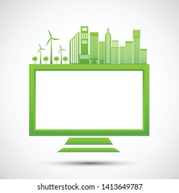 Ecology and Environmental Concept,Earth Symbol With Green Leaves Around Cities Help The World With Eco-Friendly Ideas,Vector Illustration