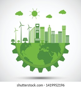 Ecology and Environmental Concept,Earth Symbol With Green Gear Around Cities Help The World With Eco-Friendly Ideas