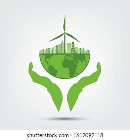 Ecology and Environmental Concept,Earth Symbol With Green Leaves Around Cities Help The World With Eco-Friendly Ideas