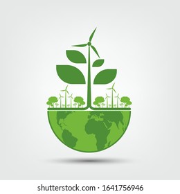 Ecology and Environmental Concept,Earth Symbol With Green Leaves Around Cities Help The World With Eco-Friendly Ideas