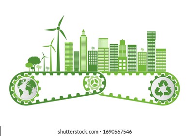 Ecology and Environmental Concept,Earth Symbol With Green Leaves Around Cities Help The World With Eco-Friendly Ideas