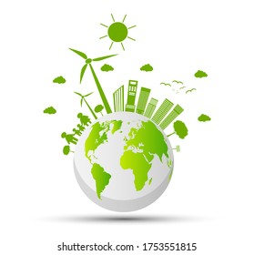 Ecology and Environmental Concept,Earth Symbol With Green Leaves Around Cities Help The World With Eco-Friendly Ideas