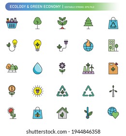 Ecología, trazo editable ambiental, icono de color para tu sitio web, logotipo, aplicación, interfaz de usuario, impresión de producto. icono de ilustración de vector de silueta plana de ecología. Conjunto de iconos de trazo editable
