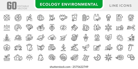 Ecology Environmental line icon set. Sustainable development, net zero, climate crisis, recycle, electric, global, warming, tsunami, acidification, melting line icon set. UI thin line icon pack.
