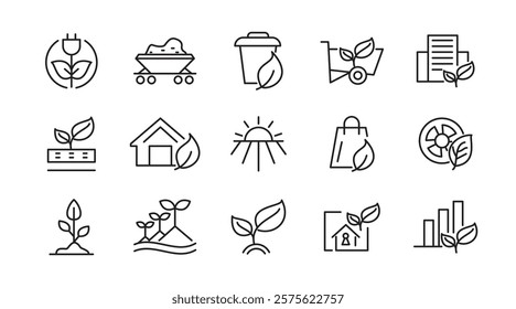 Ecology Environmental line icon set. Sustainable development, net zero, climate crisis, recycle, electric, global, warming, tsunami, acidification, melting line icon set. UI thin line icon pack.