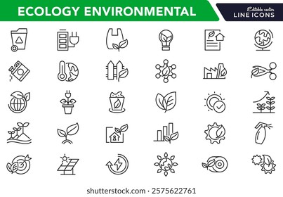 Ecology Environmental line icon set. Sustainable development, net zero, climate crisis, recycle, electric, global, warming, tsunami, acidification, melting line icon set. UI thin line icon pack.