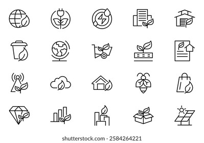 Ecology Environmental line icon set. Sustainable development, net zero, climate crisis, recycle, electric, global, warming, tsunami, acidification, melting line icon set.