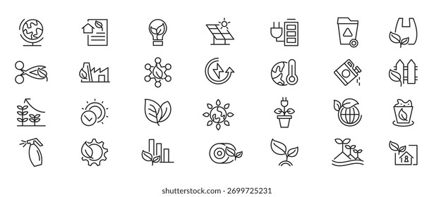 Ecology Environmental line icon set. Sustainable development, sustainability, net zero, climate crisis, recycle, electric, global, warming, pollution, earthquake, tsunami.