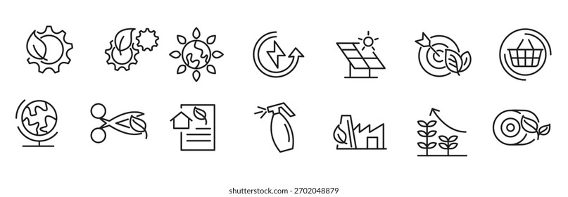 Conjunto de iconos de línea ambiental de ecología. Desarrollo sostenible, sostenibilidad, cero emisiones netas, crisis climática, reciclaje.