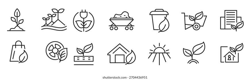 Conjunto de iconos de línea ambiental de ecología. Desarrollo sostenible, sostenibilidad, cero neto, crisis climática, reciclaje, eléctrico, global, calentamiento, contaminación, terremoto, tsunami, acidificación