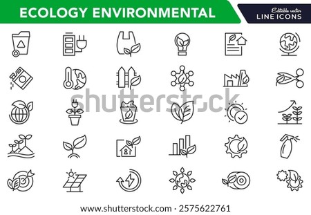 Ecology Environmental line icon set. Sustainable development, net zero, climate crisis, recycle, electric, global, warming, tsunami, acidification, melting line icon set. UI thin line icon pack.