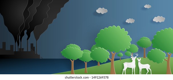 Ecology and environmental pollution concept. Landscape with factory and deer in forest in paper cut style. Vector illustration for poster, backdrop, banner, presentation environment conservation.
