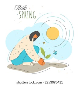 Ecology and Environmental Protection
Happy girl with spring plant in garden. Unity with nature  plant. Flat vector illustration isolated on white background