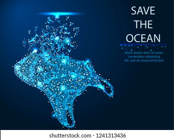 Ecology, environmental protection. Plastic in the ocean and the sea. Wireframe structure. Abstract vector polygonal illustration on dark blue background with stars with destruct shapes