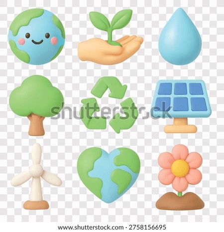 Ecology and Environmental Sustainability Vector Icon Set | 3D icon set | a cute planet Earth, a hand holding a sprout, a water drop, a tree, the recycle symbol, a solar panel, a wind turbine, a heart-shaped Earth, and a blooming flower
