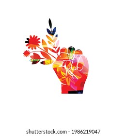 Ecology, environmentally themed poster, nature protection concept. Colorful fist with leaves and flowers vector illustration. Ecology protest