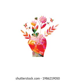 Ecology, environmentally themed poster, nature protection concept. Colorful fist with leaves and flowers vector illustration. Ecology protest