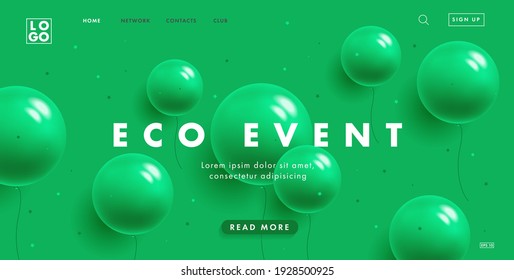 Ecology event website banner with green background and festive green balloons, stylish digital invitation, presentation cover