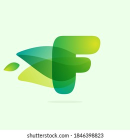 Ecology F letter logo with green leaves. Vector watercolor typeface for agriculture labels, botanical headlines, herbal posters, foliage identity etc.