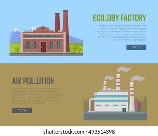 Ecology factory and air pollution plant banners. Eco factory in clean picturesque place and industrial factory in polluted city with smog environmental problems. Destroying nature. Vector illustration