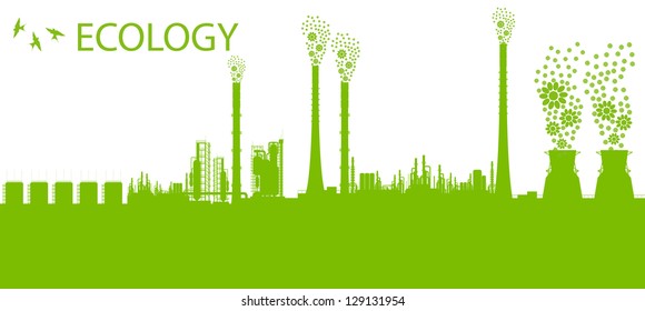 Ecology factory chimney vector background concept with no pollution green concept