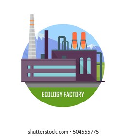 Ecology factory. Green manufacturing and producing. Eco plant icon in flat style. Environmentally friendly factory. Retailer of organic natural healthy products. Modern building of the factory. Vector