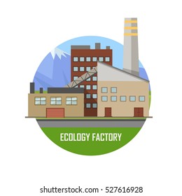 Ecology Factory. Green Manufacturing And Producing. Eco Plant Icon In Flat Style. Environmentally Friendly Factory. Retailer Of Organic Natural Healthy Products. Modern Building Of The Factory. Vector