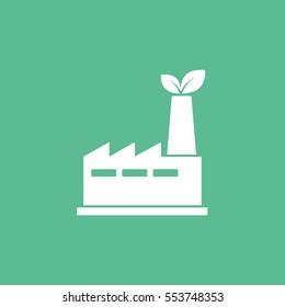 Ecology Factory With Leaf Flat Icon On Green Background
