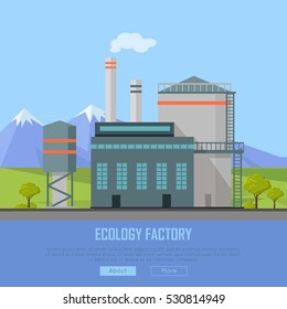 Ecology factory web banner. Eco manufacturing and producing. Plant icon in flat style. Environmentally friendly. Retailer of organic natural healthy products. Modern building of the factory. Vector