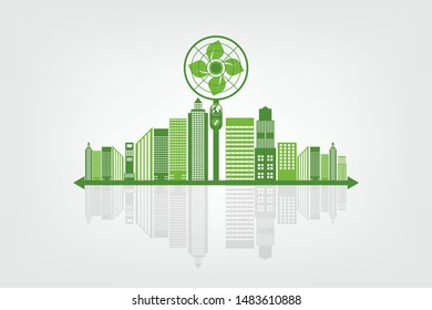 Ecology and Fan Concept,Earth Symbol With Green Leaves Around Cities Help The World With Eco-Friendly Ideas