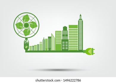 Ecology and Fan Concept,Earth Symbol With Green Leaves Around Cities Help The World With Eco-Friendly Ideas