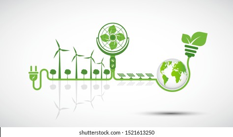 Ecology and Fan Concept,Earth Symbol With Green Leaves Around Cities Help The World With Eco-Friendly Ideas