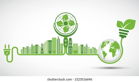 Ecology and Fan Concept,Earth Symbol With Green Leaves Around Cities Help The World With Eco-Friendly Ideas