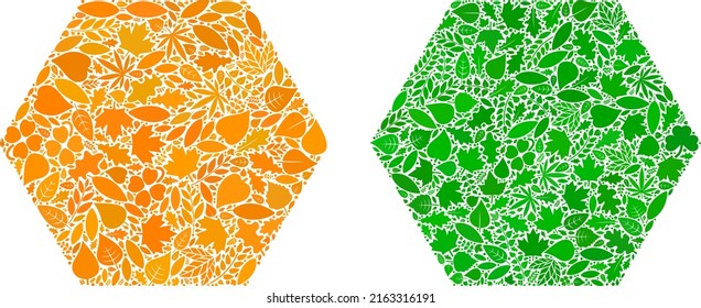 Ecology filled hexagon icon composition of herbal leaves in green and natural color tinges. Ecological environment vector concept for filled hexagon icon.